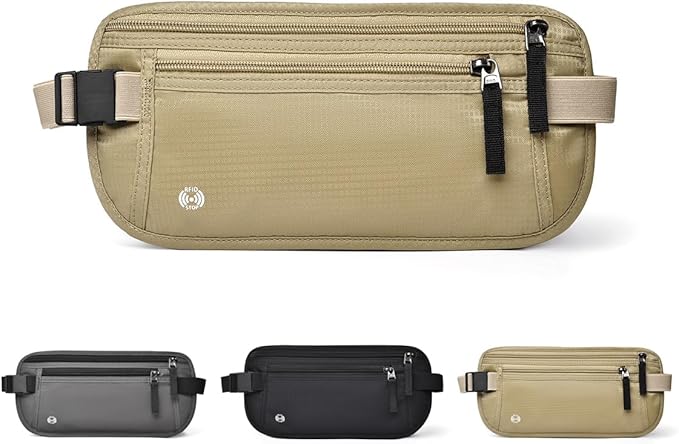 Travel Money Belt RFID Blocking - Slim Anti-Theft Passport Holder Pouch for Men & Women,Adjustable Waist Wallet with Secure Zipper (Khaki)