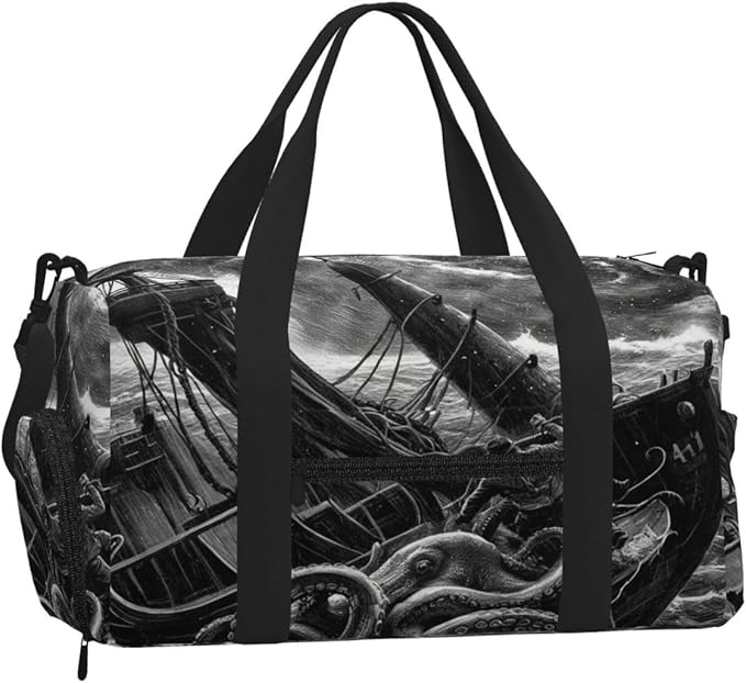 Sports Gym Bag Octopus Pirate Ship Travel Duffel Bag With Shoe Compartment Shoulder Strap, Lightweight Water-Resistant Weekend Overnight Totes For Women Men