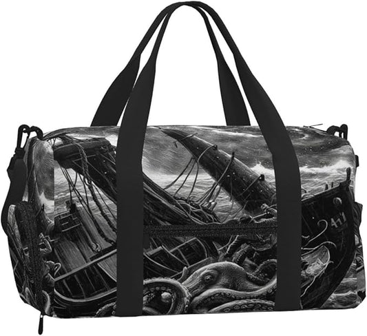 Sports Gym Bag Octopus Pirate Ship Travel Duffel Bag With Shoe Compartment Shoulder Strap, Lightweight Water-Resistant Weekend Overnight Totes For Women Men