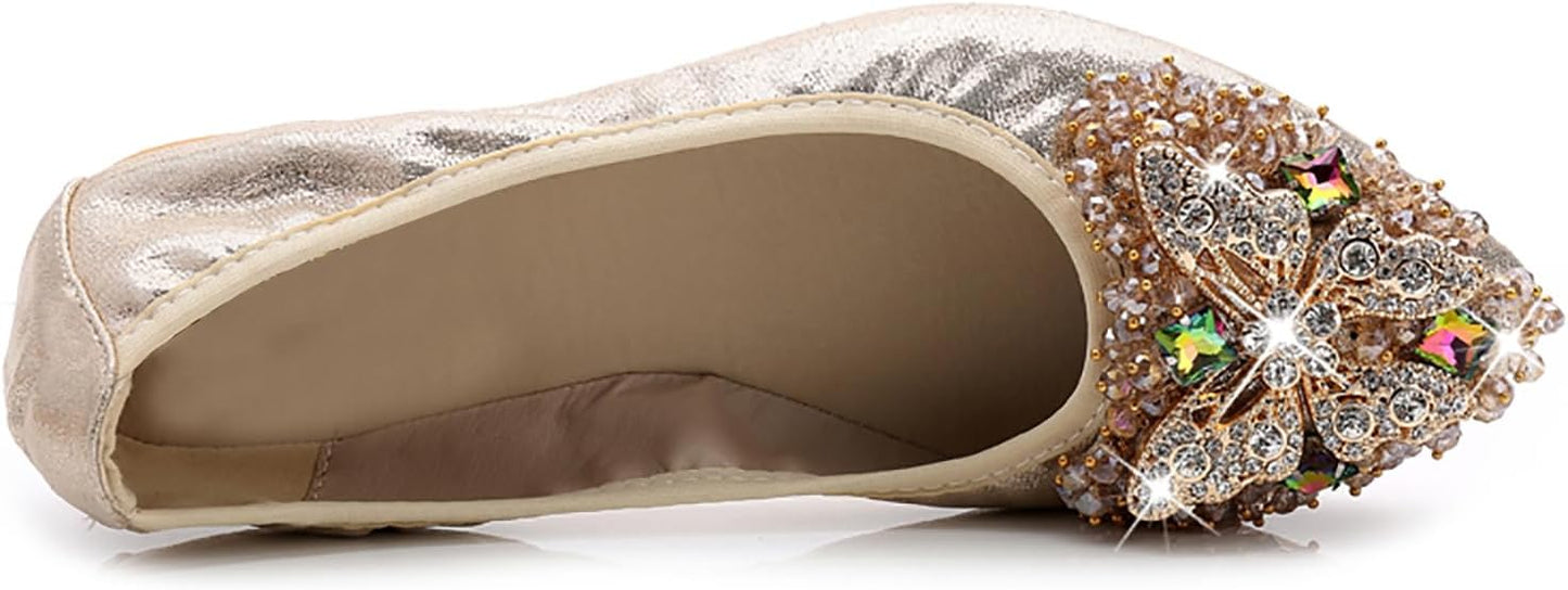 Women Ballet Flats Sparkly Rhinestone Wedding Ballerina Shoes Pointed Toe Foldable Comfort Slip on Flat Dress Shoes