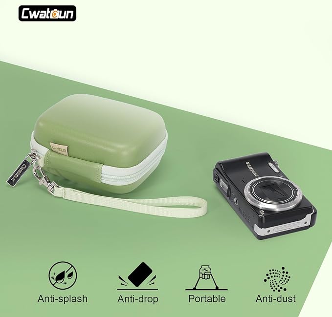 Cwatcun Carrying & Protective Case for Digital Camera, Small Camera Pouch for AbergBest 2.7" LCD Kodak Pixpro/Canon PowerShot ELPH 180/190 / DSCW830 Travel Cameras, Water-resistant Case - Green