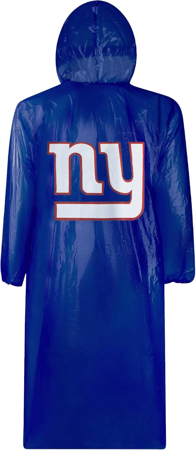 NFL New York Giants Waterproof Rain Poncho for Adults, Sporty Rain Poncho for Men and Women, with Elastic Sleeves and Drawstring Hood, Rain Coat for Rainy Weather. Ftbl Rain Jacket