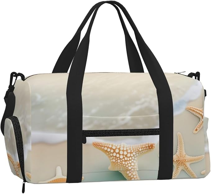 Beach Starfish Print Gym Bag with Shoe Compartment for Women Men, 17.7in Sports Duffle Weekender Tote, Overnight Travel Duffel Bag Carry On
