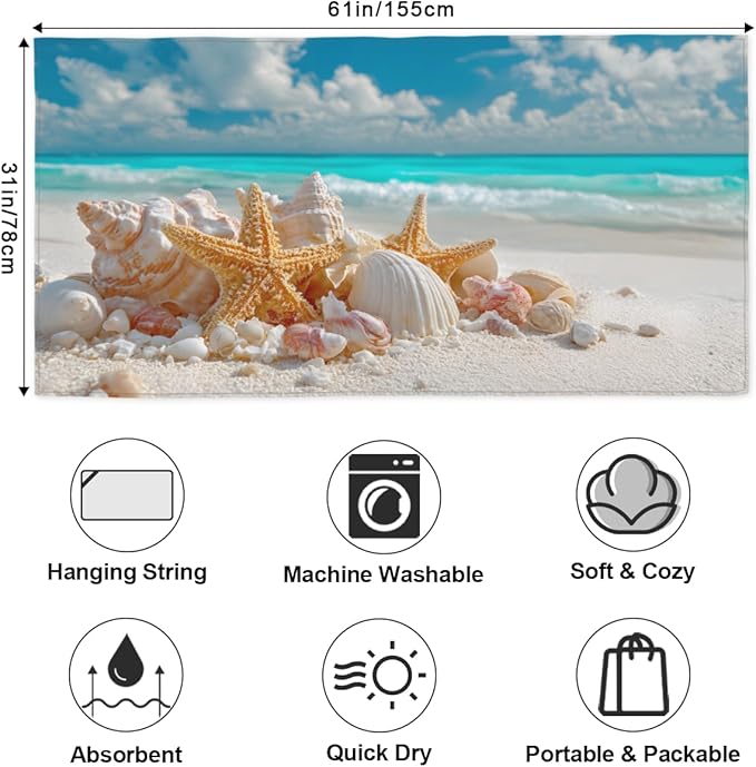 Blue Sky Seaside Shells Beach Towel, Large Microfiber Quick Dry Lightweight Pool Bath Towels Sand Free Beach Blanket for Summer Cruise Yoga Camping Travel Vacation Essentials 31 x 61 in