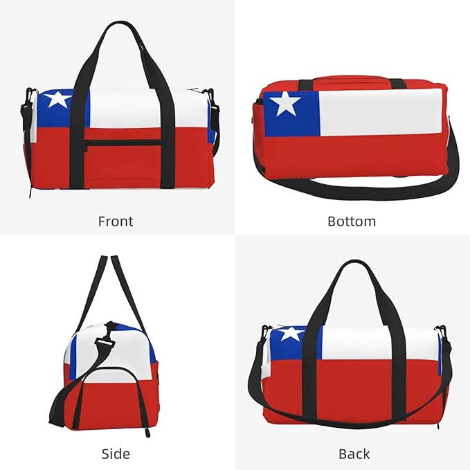 Flag of Chile Print Gym Bag with Shoe Compartment for Women Men, 17.7in Sports Duffle Weekender Tote, Overnight Travel Duffel Bag Carry On