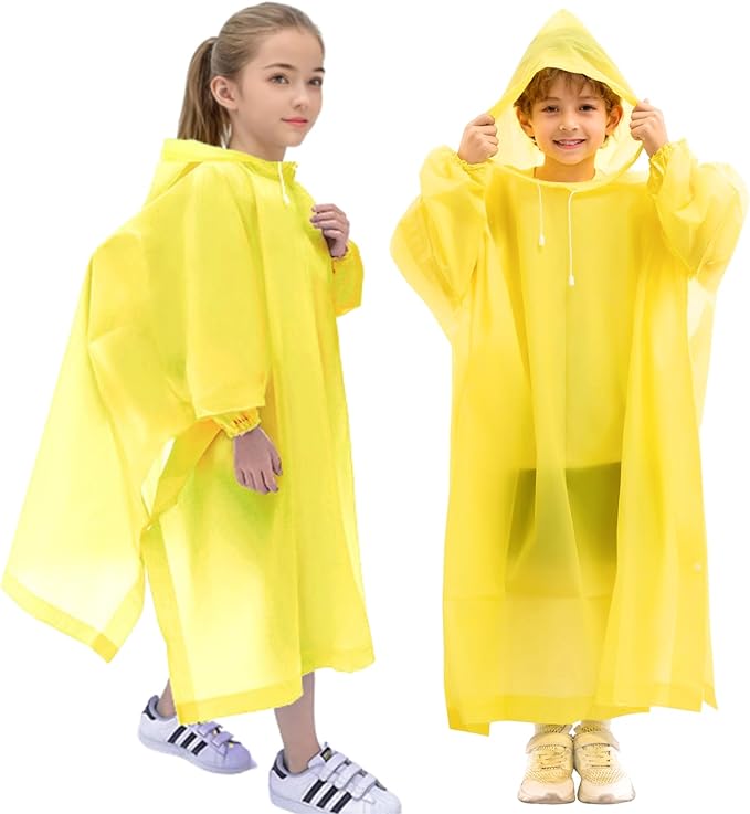 DZTSMART Reusable Waterproof Kids Rain Ponchos 2 Packs - 8-14Y, Hood & Sleeves, Park Essentials