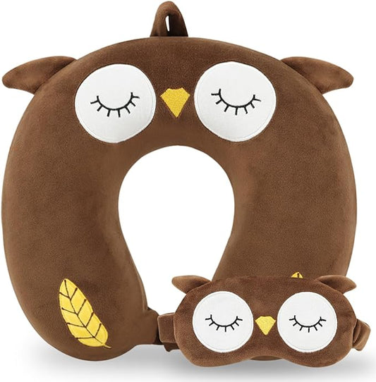Travel Pillow, Kids Travel Pillow with Sleep Eye Mask Soft Memory Foam Kids Neck Pillow for Boys & Girls, Travel Accessories for Car Airplane Traveling - Owl