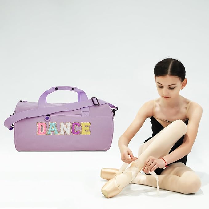 Large Size Dance Bag for Girls Kids Toddler Teens,Purple Ballet Gym Bag with Plush Chenille "DANCE" Letters,Sport Duffle Gym bag for Ballet Class, Sports & Practice 16.5"Lx9"Wx9"H