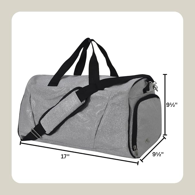 NGIL Glitter Cheers Sports Gym Duffel with Shoe Compartment and Small Carry on Travel Tote Bags for Women, Gym bag, Overnight bags for Women, Cheer Bag (Glitter-Silver)