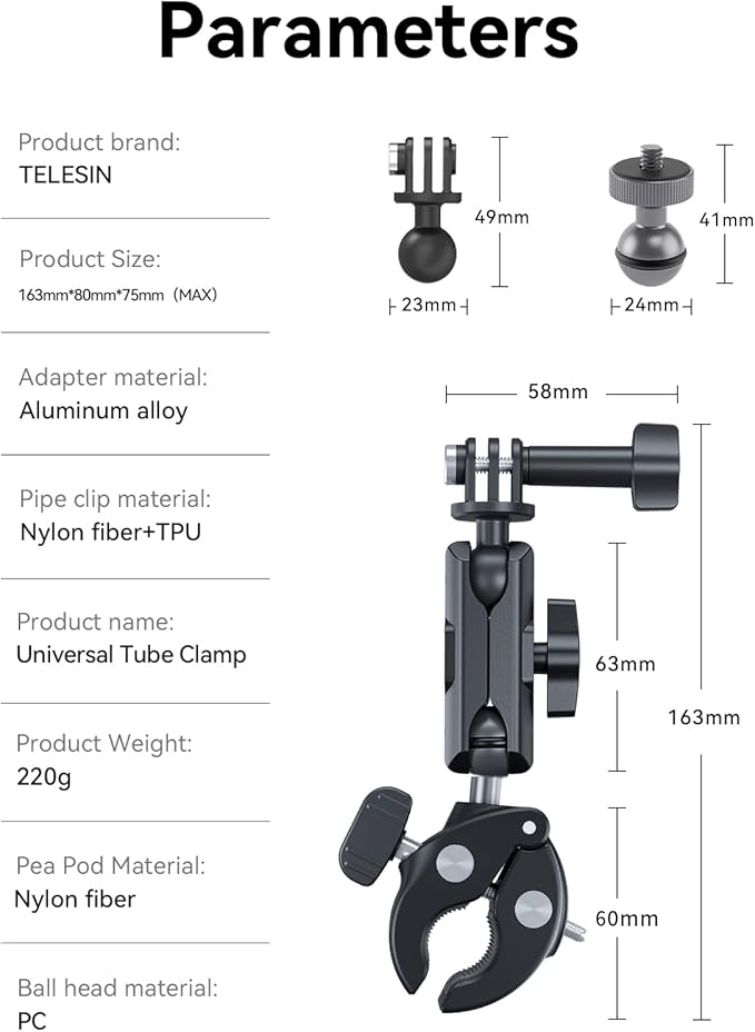 TELESIN Camera Clamp Mount Bike Motorcycle Handlebar Mounts Accessories, 360 Ball Joint Tube Roll Bar Holder Clip for DJI Osmo Action 6/Osmo Nano/Action 5 4 Pro/Hero 13 12 11 10 9 8 7/Insta 360 X5 X4