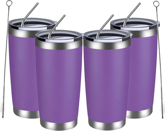 MEWAY 20oz Tumbler 4 Pack Double Wall Vacuum Insulated Travel Mug Bulk, Stainless Steel Tumblers with Lid and Straw, Durable Powder Coated Coffee Cups for Cold & Hot Drinks (Purple, 4)