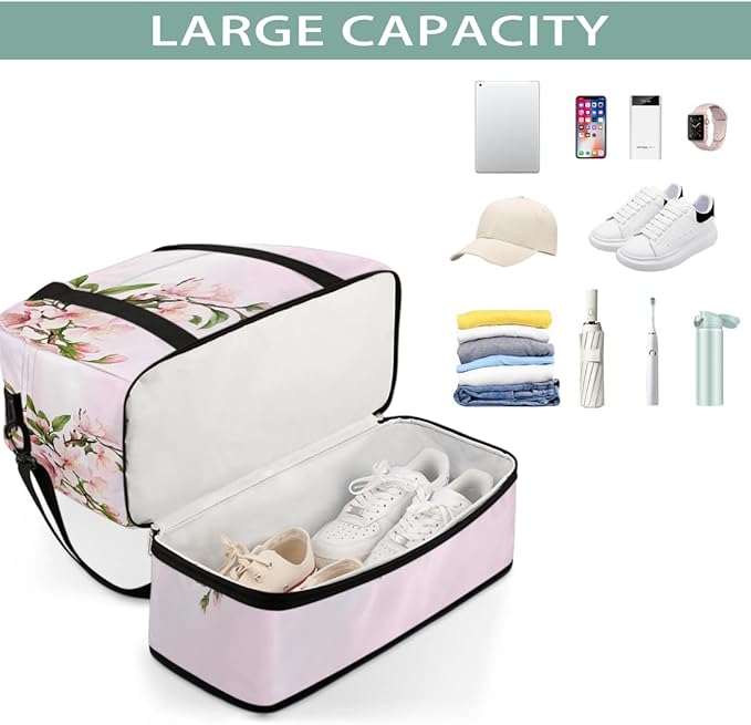 Pink Cherry Blossoms Large Weekender Bag with Shoe Compartment Travel Duffel Bags for Women Carry On Hospital Overnight Bag Foldable Personal Item Travel Bags Tote Gym Sports Airplanes