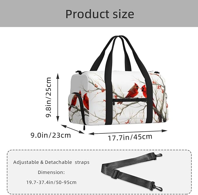 Sports Gym Bag Red Birds Art Painting Travel Duffel Bag With Shoe Compartment Shoulder Strap, Lightweight Water-Resistant Weekend Overnight Totes For Women Men