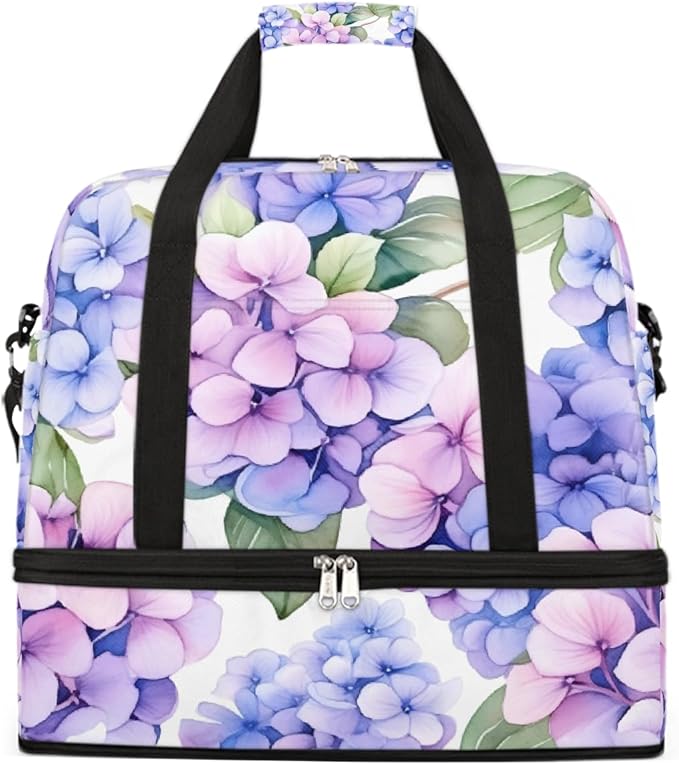 Purple Hydrangea Floral Flower Large Weekender Bag with Shoe Compartment Travel Duffel Bags for Women Carry On Hospital Overnight Bag Foldable Personal Item Travel Bags Tote Gym Sports Airplanes