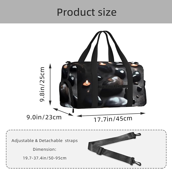 Black Mystery Heart Stone Print Gym Bag with Shoe Compartment for Women Men, 17.7in Sports Duffle Weekender Tote, Overnight Travel Duffel Bag Carry On
