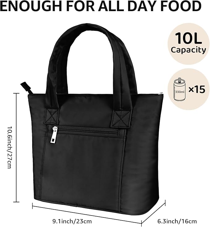 Tote Lunch Bag Women Stylish Quilted Lunch Boxes for Adult Fit and Fresh Cooler Insulated Lunchbox for Work Large 10 Liters Cute Compact Lunchbag Waterproof Black