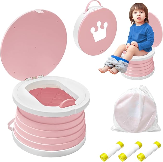 2026 Upgraded Portable Potty Chair for Toddlers with Splash-Proof Design, Foldable Travel Potty with Bag & 30 Refills - Kids Toilet for Car, Camping, Indoor - Easy Clean Baby Potty Training Seat(Pink)