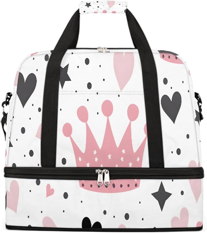 Pink Heart Star Crown Large Weekender Bag with Shoe Compartment Travel Duffel Bags for Women Carry On Hospital Overnight Bag Foldable Personal Item Travel Bags Tote Gym Sports Airplanes