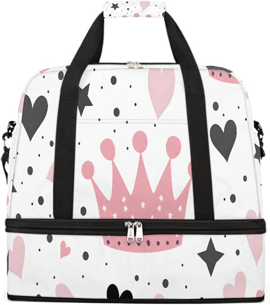 Pink Heart Star Crown Large Weekender Bag with Shoe Compartment Travel Duffel Bags for Women Carry On Hospital Overnight Bag Foldable Personal Item Travel Bags Tote Gym Sports Airplanes