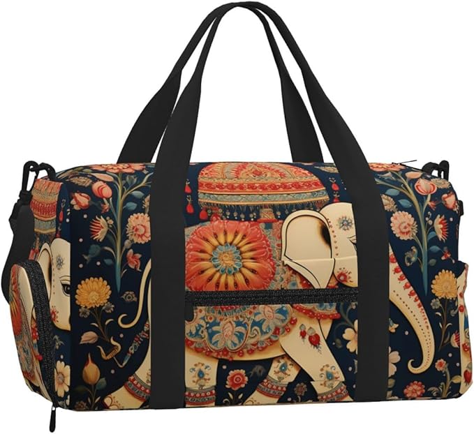 Sports Gym Bag Ethnic Animal Elephant Floral Travel Duffel Bag With Shoe Compartment Shoulder Strap, Lightweight Water-Resistant Weekend Overnight Totes For Women Men