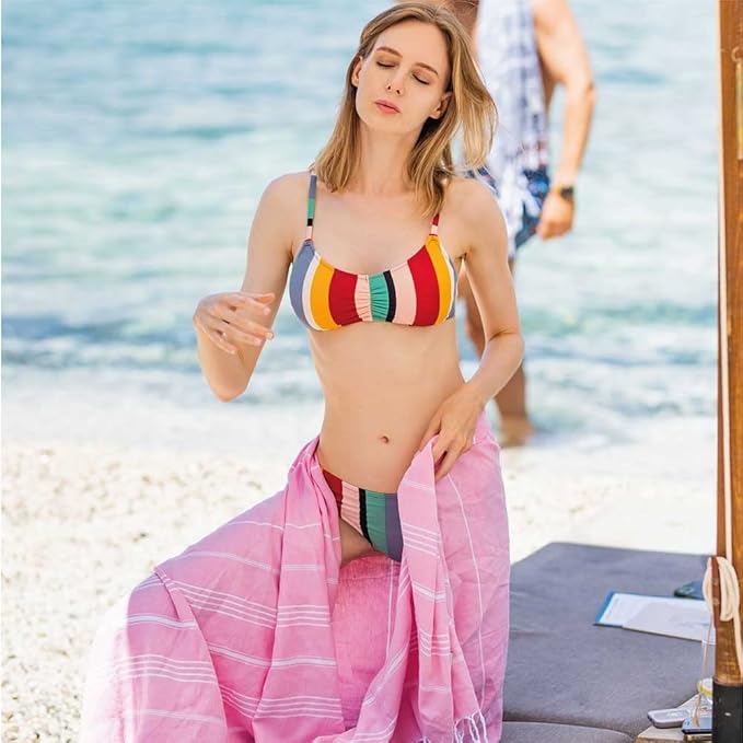 Hencely Turkish Beach Towel 37x68 Oversized, Sand-Free, Quick-Dry, Lightweight - Travel Essential for Pool & Bath - Striped 100% Cotton Bathroom Towels Accessories Gift (Light Pink)