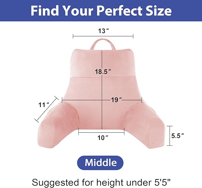 Back Pillow for Bed Sitting up, Reading Pillow for Sitting in Bed Adult, Back Support Pillow, Memory Foam Sit up Lounge Backrest Pillow with Arms for TV, Couch, Chair, Dorm, 18 Inch, Pink