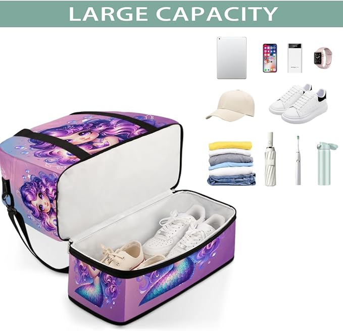 Purple Mermaid Girls Large Weekender Bag with Shoe Compartment Travel Duffel Bags for Women Carry On Hospital Overnight Bag Foldable Personal Item Travel Bags Tote Gym Sports Airplanes
