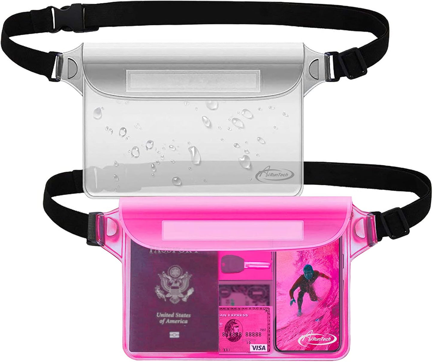 AiRunTech Waterproof Pouch with Waist Strap (2 Pack) | Beach Accessories Best Way to Keep Your Phone and Valuables Safe and Dry | Perfect for Boating Swimming Snorkeling Kayaking Beach Pool Water Park