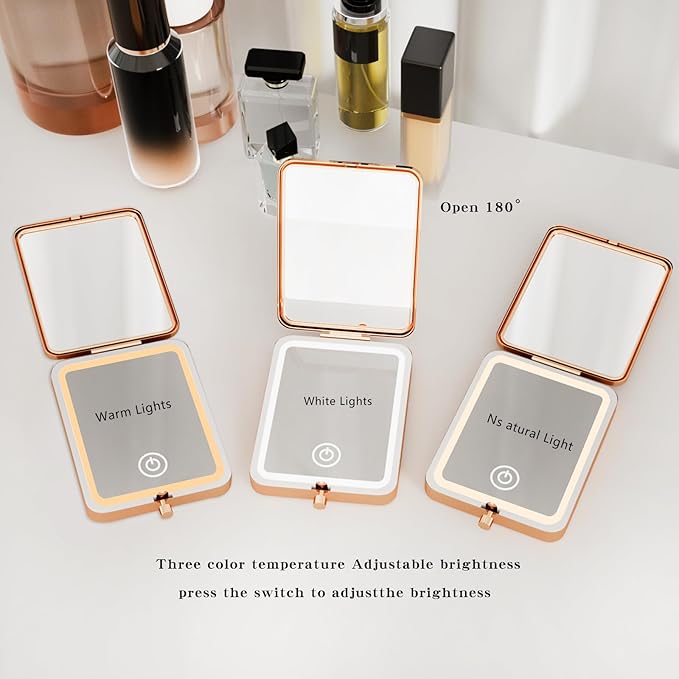 Rose Gold Rechargeable LED Pocket Mirror, 3 Color Dimmable Light 1x/3x Magnifying Compact Travel Makeup Mirror, Portable Folding Handheld Lighted Purse Mirror for Women Christmas Stocking Stuffer Gift