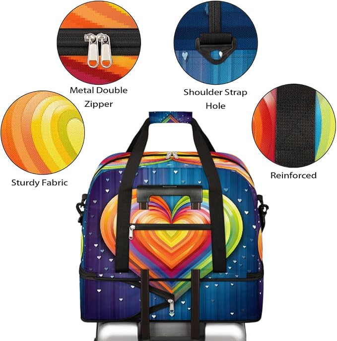 Rainbow Blue Abstract Heart Large Weekender Bag with Shoe Compartment Travel Duffel Bags for Women Carry On Hospital Overnight Bag Foldable Personal Item Travel Bags Tote Gym Sports Airplanes