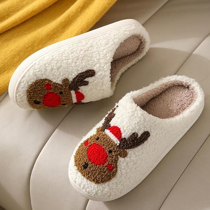Unisex Xmas Elk Shoes Santa Reindeer Cute Strawberry Cartoon Christmas Tree Pink Bow Memory Foam Soft Plush House Slippers Indoor/Outdoor