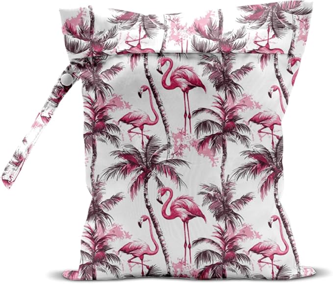 Wet Bag for Swimsuit, Beach Travel Essentials Wet Dry Bag, for Sunscreen Toiletry Dirty Clothes Yoga Gym Diaper, Friends Summer Beach Vacation Gifts. Pink Palm Tree Flamingo