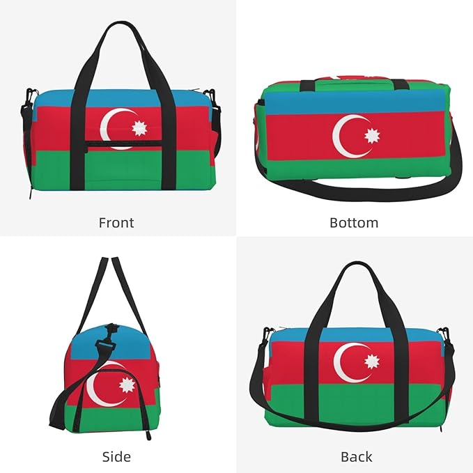 Flag of Azerbaijan Print Gym Bag with Shoe Compartment for Women Men, 17.7in Sports Duffle Weekender Tote, Overnight Travel Duffel Bag Carry On