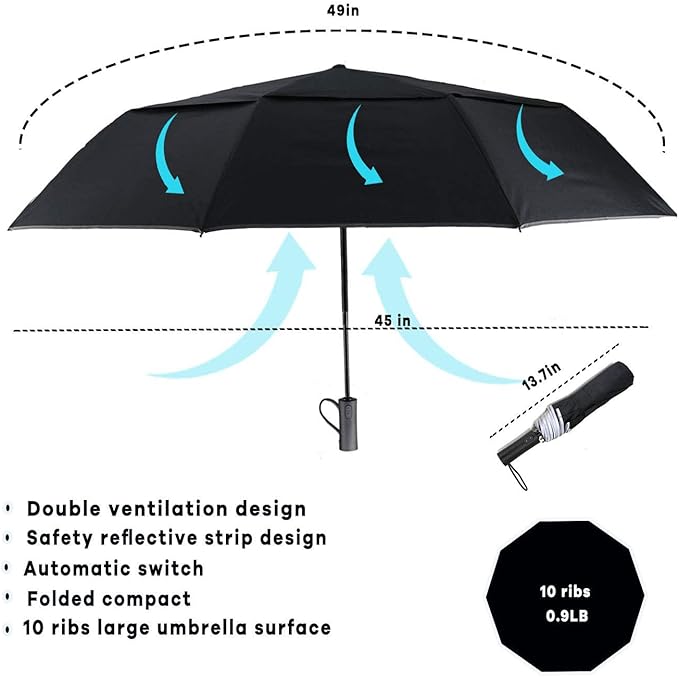 MRTLLOA 42/49 Inch Compact Travel Essentials Umbrella for Rain, Lightweight, Portable, Automatic, Strong, Waterproof Folding Umbrellas for Women, Men and Teenagers