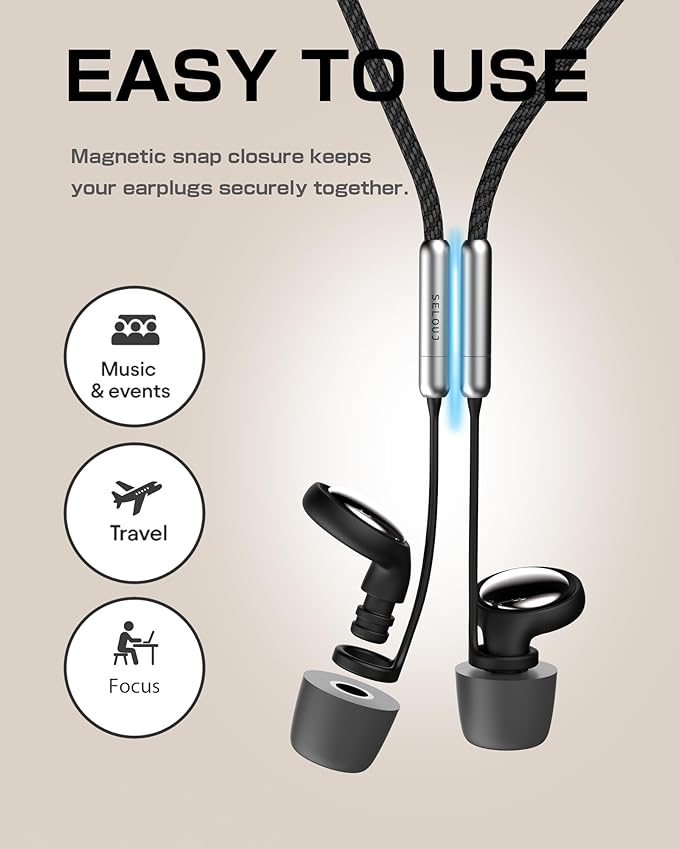 Ear Plugs for Sleeping and Concerts with Cord, Anti-Loss Reusable Earplugs, Ultra-Comfy Earplugs, 45dB Noise Reducing, Hearing Protection for Travel & Focus, 7 Pair Silicone & Foam Eartips