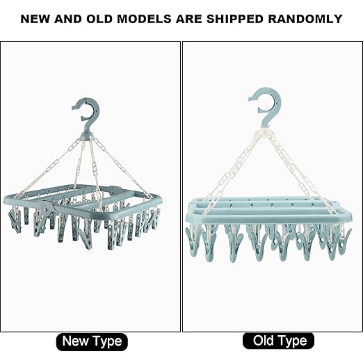 Clothes Hanger with 32 Clips, Foldable Clothes Peg Drying Rack for Socks, Underwear, Bras, Scarves (Blue)
