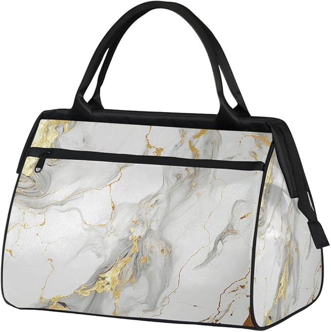 Overnight Weekender Bags for Women Men, White Gold Marble Print Waterproof Travel Carry On Duffel Bag, Lightweight Sports Gym Bag for Fitness, Workout, Travel