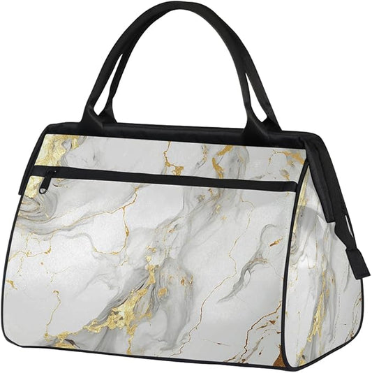 Overnight Weekender Bags for Women Men, White Gold Marble Print Waterproof Travel Carry On Duffel Bag, Lightweight Sports Gym Bag for Fitness, Workout, Travel