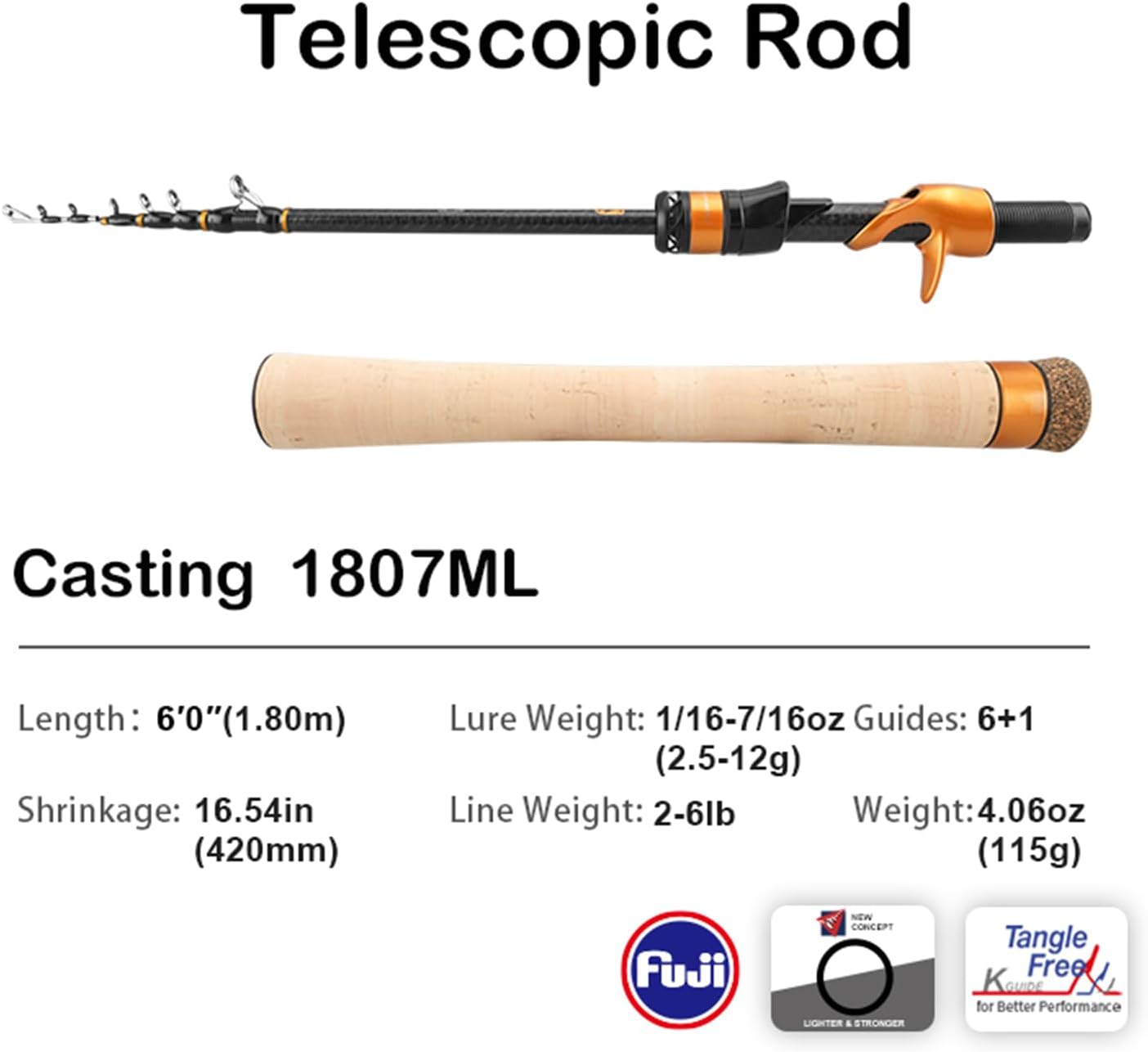 PURELURE Travel Telescopic Fishing Rods, Short Collapsible Fishing Pole Spinning Casting, 24+30 Ton Carbon Fiber, GUJI New O-Ring, Detachable Cork Handle, Multi-Action Guide Ring System