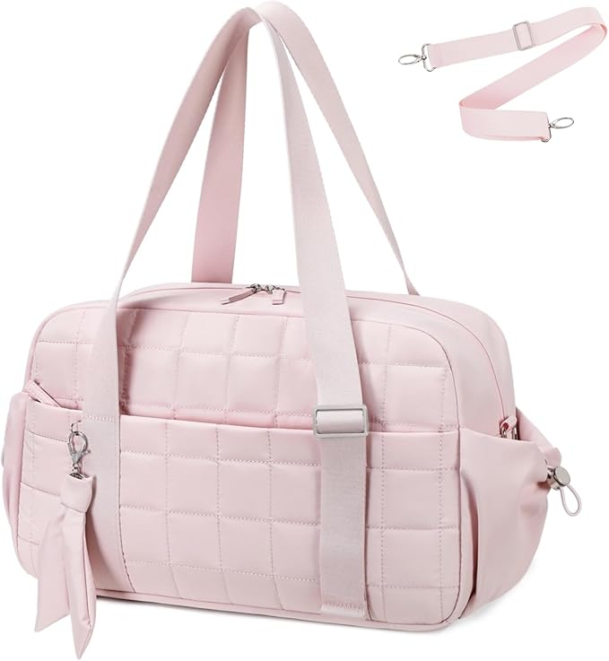 CAMTOP Mini Gym Bag for Women, Small Gym Tote Bag Puffy Quilted Sports Duffel Bag with Wet Compartment and Coin Purse Duffel Bags Dance Yoga Workout Bag for Gifts (Pink, Medium-16")