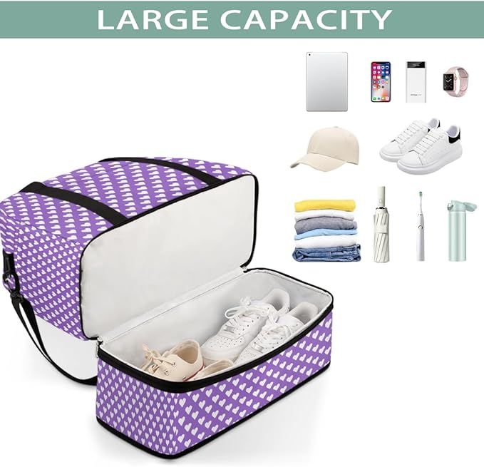 Purple White Love Heart Large Weekender Bag with Shoe Compartment Travel Duffel Bags for Women Carry On Hospital Overnight Bag Foldable Personal Item Travel Bags Tote Gym Sports Airplanes