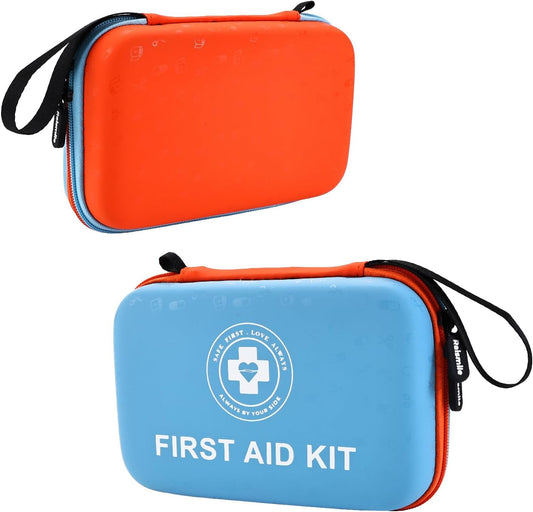 Premium First Aid Kit - 305 Piece Dual-Color Emergency Kit with Hard Shell & Fluorescent Interior Coating, Compact Survival Kit for Home, Car, Travel, Hiking & Outdoor(Blue/Orange)