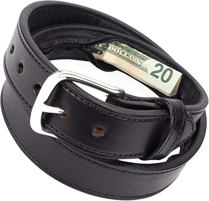 Leather Money Belt for Men with Hidden Zipper Pocket - Full Grain Travel Security Belts with Secret Compartment for Cash Cards, Anti-Theft Safe Storage Belt for Business Travel Dad Husband Boyfriend
