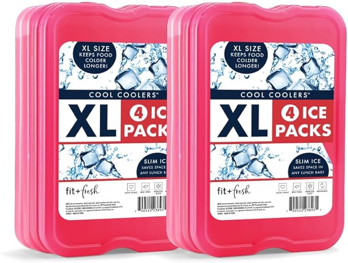 Cool Coolers by Fit + Fresh Slim Compact Reusable XL Ice Pack, Perfect for Lunch Boxes, Coolers, and Beach Bags, 8 Pack, Pink