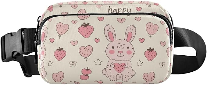 Kawaii Pink Rabbit Strawberry Fanny Pack for Women Men Water Resistant Fashion Waist Packs with Adjustable Strap Belt Bag for Travel Workout Jogging Hiking 21219117