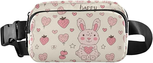 Kawaii Pink Rabbit Strawberry Fanny Pack for Women Men Water Resistant Fashion Waist Packs with Adjustable Strap Belt Bag for Travel Workout Jogging Hiking 21219117