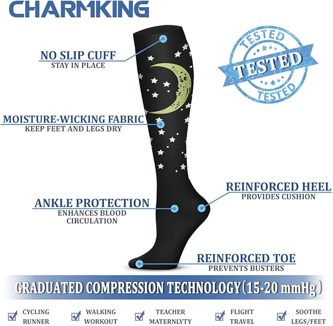CHARMKING 6 Pairs-Compression Socks for Women & Men Circulation Best Support for Nurses, Running, Athletic,Flight Travel