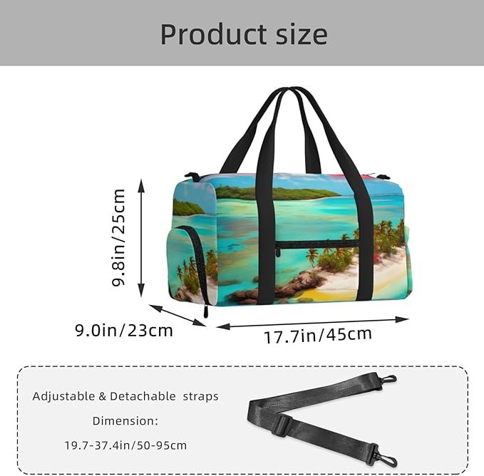 Caribbean Scenery Print Gym Bag with Shoe Compartment for Women Men, 17.7in Sports Duffle Weekender Tote, Overnight Travel Duffel Bag Carry On