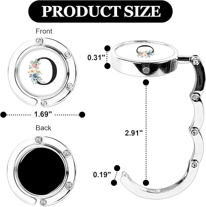 XSUIOY 3Pcs Personalized Initial Foldable Purse Hook for Table,Crushed Flower Letters Folding Purse Hanger,Purse Holder Handbag Hanger Collection Desk Table Bag Hooks Gifts for Women Bag(Black-O)