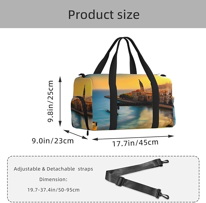 Sunset in Barcelona Print Gym Bag with Shoe Compartment for Women Men, 17.7in Sports Duffle Weekender Tote, Overnight Travel Duffel Bag Carry On